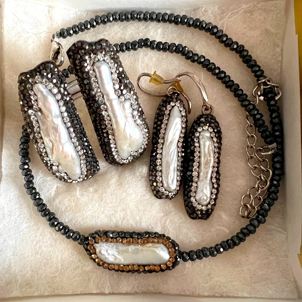Baroque pearl, hematite stone, black, white and gold crystal sterling silver set